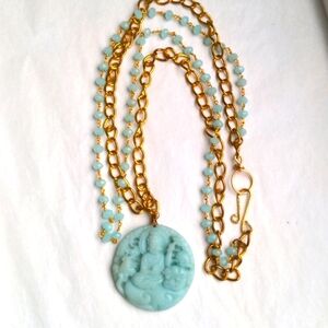 New Amazonite pendant necklace. 26"+ 2" Carved, Handcrafted. Bead + gold Chains